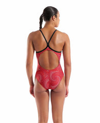 Arena Women's Fireflow Lightdrop Back Swimsuit in black and red, featuring a sleek design with a lightdrop back for swimming comfort.