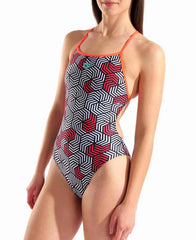 Arena Women's Geometry Booster Back Swimsuit in black and bright coral with a supportive design and geometric pattern.