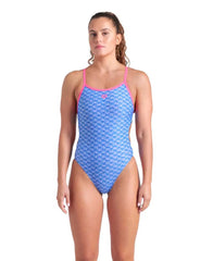 Arena women's Monogram Challenge Back swimsuit in Blue River Multi and Shocking Pink, with a sleek design and supportive fit.
