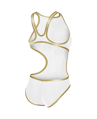 Arena women's One Biglogo swimsuit in white and gold, featuring a sleek design and logo detail, perfect for swimming.