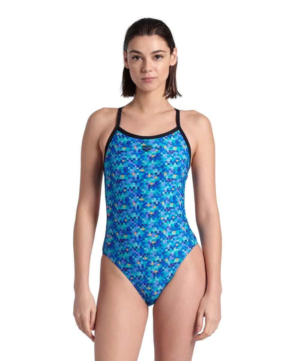 Arena women's pool tiles Challenge back swimsuit in blue and multi-color, featuring a sleek design and supportive fit.
