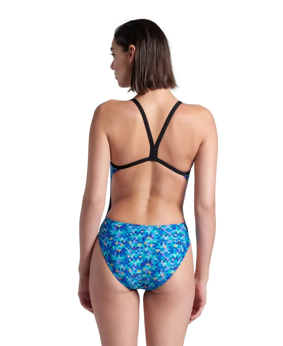 Arena women's pool tiles Challenge back swimsuit in blue and multi-color, featuring a sleek design and supportive fit.