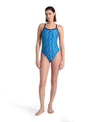 Arena women's Pool Tiles Challenge Back swimsuit in blue and multi-color, featuring a sleek swimming suit design with a back cutout.