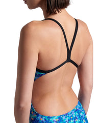 Arena women's Pool Tiles Challenge Back swimsuit in blue and multi-color, featuring a sleek design and supportive fit.