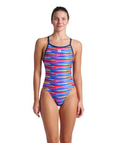 Arena women's racing stripe X criss-cross back swimsuit in navy multi, featuring sleek design and vibrant multi-colored racing stripes.