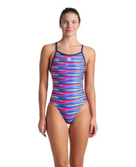 Arena women's racing stripe X criss-cross back swimsuit in navy multi, featuring sleek design and vibrant multi-colored racing stripes.