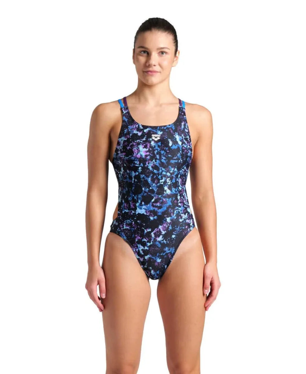 Arena Women's Rockin Swim Tech multi-back swimsuit in water blue, river plum with colorful pattern, designed for active swimming.