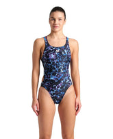 Arena Women's Rockin Swim Tech multi-back swimsuit in water blue, river plum with colorful pattern, designed for active swimming.