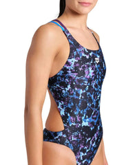 Arena Women's Rockin Swim Tech multi-back swimsuit in water blue and plum, featuring a vibrant, supportive design for swimming.
