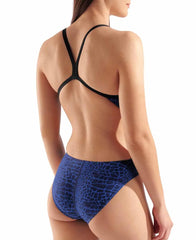 Arena women's snakeskin challenge back swimsuit in black and royal blue, featuring a sleek design and supportive fit.