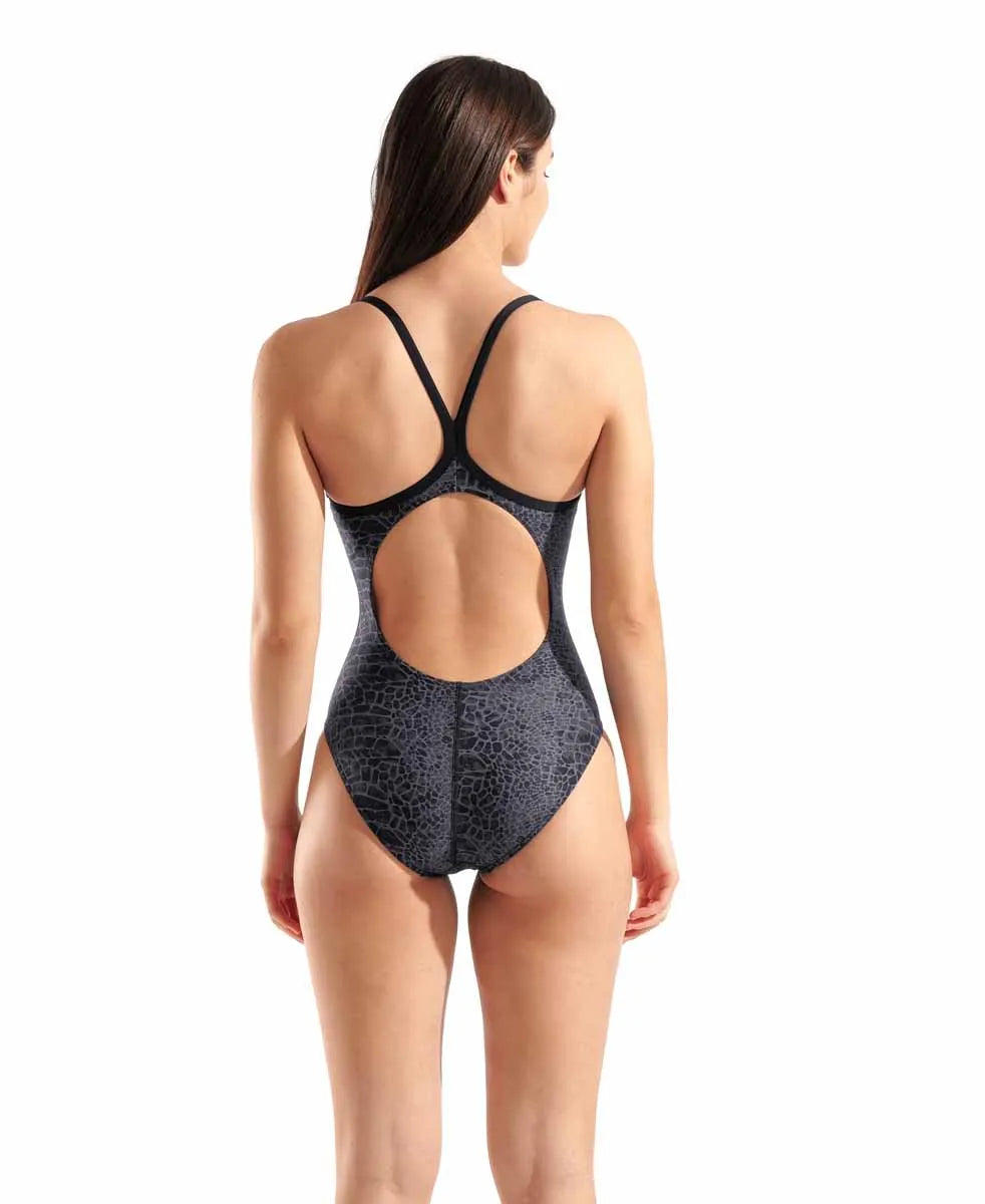 Arena women's snakeskin lightdrop back swimsuit in black and team black, featuring a sleek snakeskin pattern and stylish design.