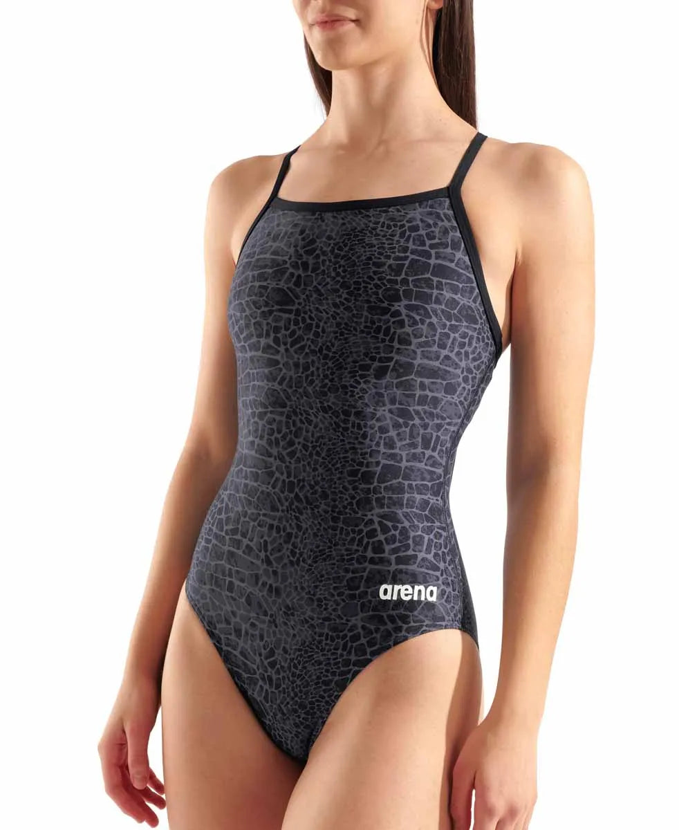 Arena women's snakeskin lightdrop back swimsuit in black and team black, featuring a sleek snakeskin pattern and stylish design.