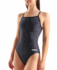 Arena women's snakeskin lightdrop back swimsuit in black and team black, featuring a sleek snakeskin pattern and stylish design.