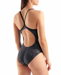 Arena women's snakeskin lightdrop back swimsuit in black and team black, featuring a sleek design and snake print pattern.