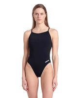 Black Arena women's solid lace-back swimsuit with sleek design, perfect for swimming and beachwear.