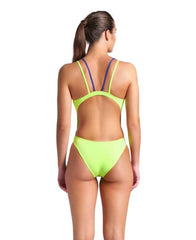 Arena women's solid Swim Tech multi-back swimsuit in Arctic Lime and Future Dusk, featuring a sleek, supportive design.