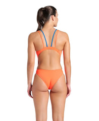 Arena women's solid tech back swimsuit in bright coral and blue Cosmo, featuring a sleek design and supportive fit.