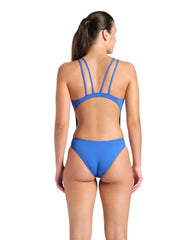 Arena women's solid tech back swimsuit in royal and white, featuring a sleek design and supportive fit for swimming.