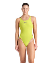 Arena women's solid tech back swimsuit in soft green and plum, featuring a sleek design and supportive fit.