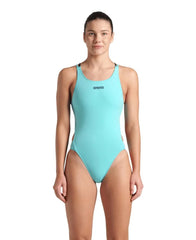Arena women's solid tech back swimsuit in water navy, featuring a sleek design and supportive fit for swimming.