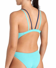 Arena women's solid tech back swimsuit in water navy, showcasing a sleek, full-coverage design ideal for competitive swimming.