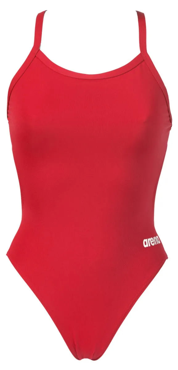 Arena Women's Team Challenge Solid Swimsuit displayed on a model, featuring a sleek, one-piece design ideal for competitive swimming.