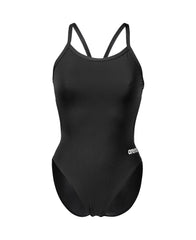 Black Arena Women's Team Challenge Solid Swimsuit displayed on a model, showcasing a sleek, fitted design for competitive swimming.