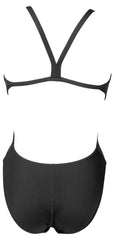 Black Arena Women's Team Challenge solid swimsuit displayed on a model, showcasing its sleek design and athletic fit.