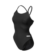 Black Arena Women's Team Challenge Solid Swimsuit showing front view with sleek, form-fitting design for competitive swimming.
