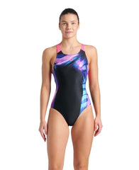 Arena women's Dreamhline V-back swimsuit in black and shocking pink, featuring a sleek design and supportive fit.