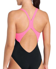 Arena women's Dreamhline V-back swimsuit in black and shocking pink, featuring sleek design and comfortable fit.