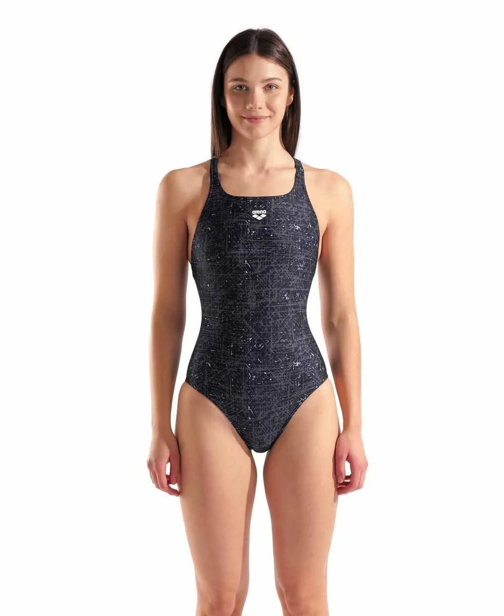 Arena women's ribbed swim pro back swimsuit in black and multi-color, featuring a stylish ribbed design and supportive fit