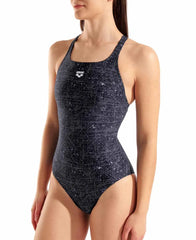 Arena women's ribbed swim pro back swimsuit in black multi, with a sleek, supportive design for active swimming and water sports.