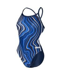 Arena Women's Challenge Back Marbled Swimsuit in navy, stylish athletic swimwear with a marbled design, perfect for swimming and training.