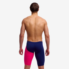 Funky Trunks Boys Tidal Blast Navy and Pink Training Jammers, close-up of sporty swimwear with vibrant colors and sleek design.