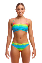 Funkita Ladies Melting Mayhem sports top, a colorful bikini/tankini with a vibrant, melting abstract print for active swimwear.