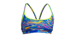 Funkita Ladies Stir Crazy Sports Top, a colorful bikini/tankini with vibrant multi-colored patterns, designed for active swimwear.