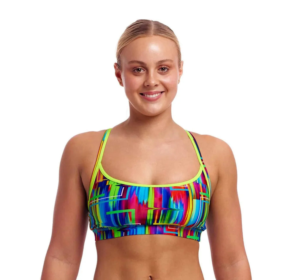 Funkita Ladies The Glitch sports top, a colorful multi-pattern bikini/tankini top designed for active swimwear.