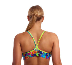 Funkita Ladies The Glitch sports top, a colorful bikini/tankini with a vibrant multi-pattern design, perfect for swimming and active wear.