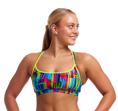 Funkita Ladies The Glitch sports tankini top with a colorful, abstract pattern, designed for active swimwear and water sports.