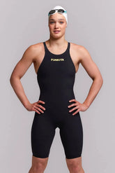 Funkita Ladies Black Attack Apex Viper Kneesuit in black, designed for competitive swimming, featuring a sleek, fitted style.