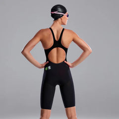 Funkita Ladies Black Attack Apex Viper Kneesuit, black swimwear with sleek design, perfect for competitive swimming.