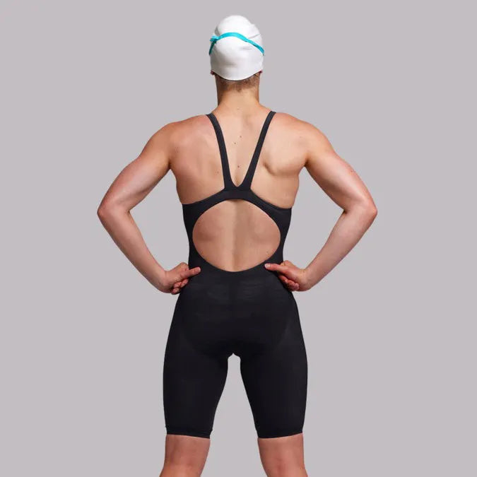 Funkita Ladies Black Attack Apex Viper kneesuit in black with sleek design, perfect for competitive swimming.