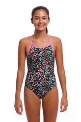 Colorful Funkita girls' Copper Cluster Diamond Back one-piece swimsuit with vibrant print, designed for comfortable swimming and active play.