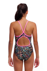 Funkita girls' copper cluster diamond back one-piece swimsuit in vibrant multi-color design, suitable for swimming and active wear.