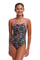 Funkita girls' Copper Cluster diamond-back one-piece swimsuit in vibrant multicolor design, suitable for swimming and aquatic activities.