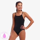 Funkita girls' black diamond back one-piece swimsuit with secure fit, featuring a sleek black design for swimming and active wear.