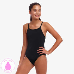 Funkita girls' black diamond back one-piece swimsuit with secure fit, featuring a sleek black design for swimming and active wear.