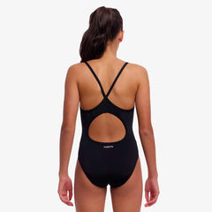 Funkita girls' black diamond back one-piece swimsuit with secure fit, designed for active swimming and comfortable movement.