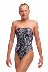 Funkita Girls Nights Rose Tie Me Tight One Piece Swimsuit - Black/White | Allens Of Kingsbury